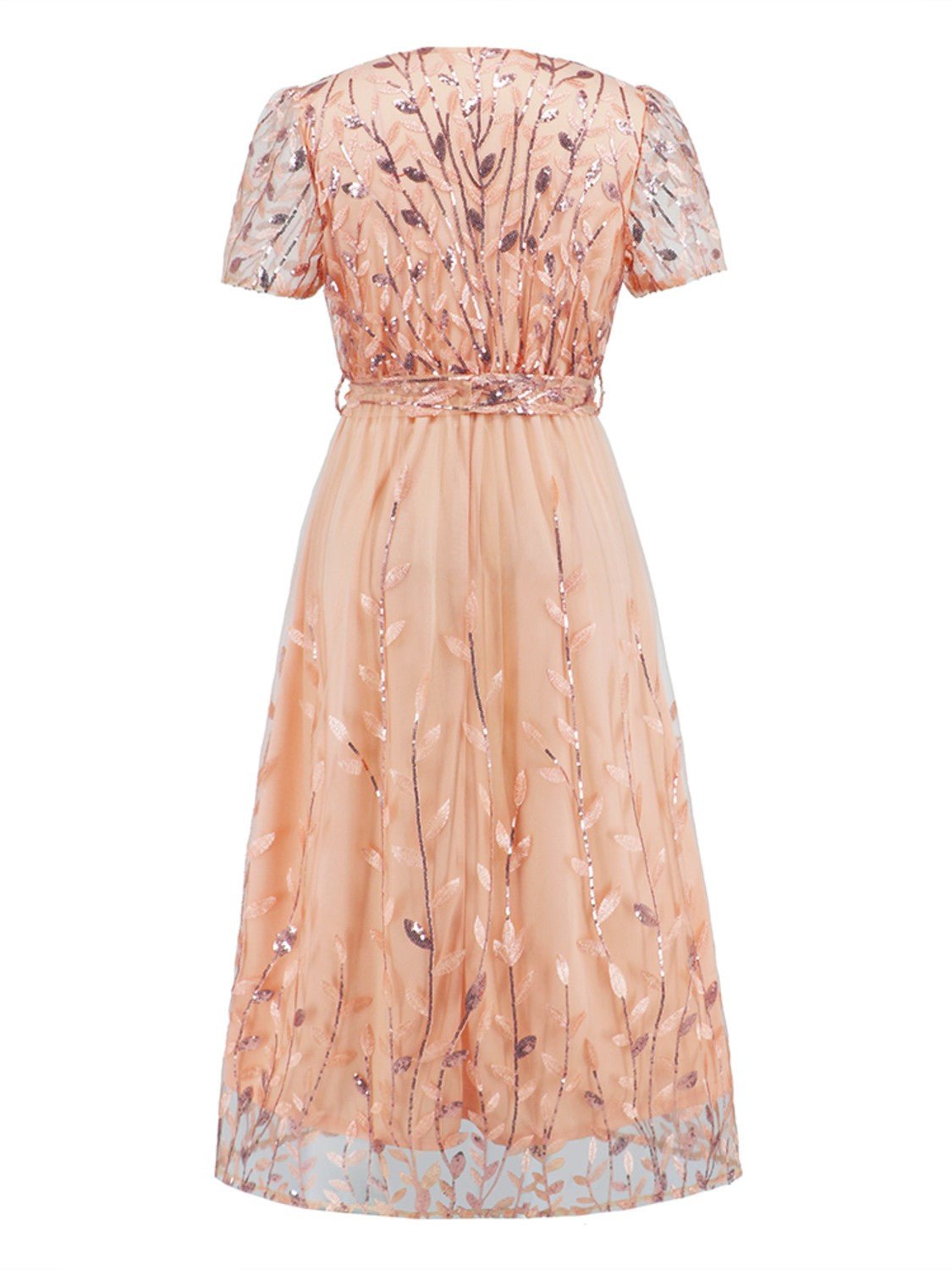 Sequin Leaf Embroidery Tie Front Short Sleeve Dress - GlossDrop