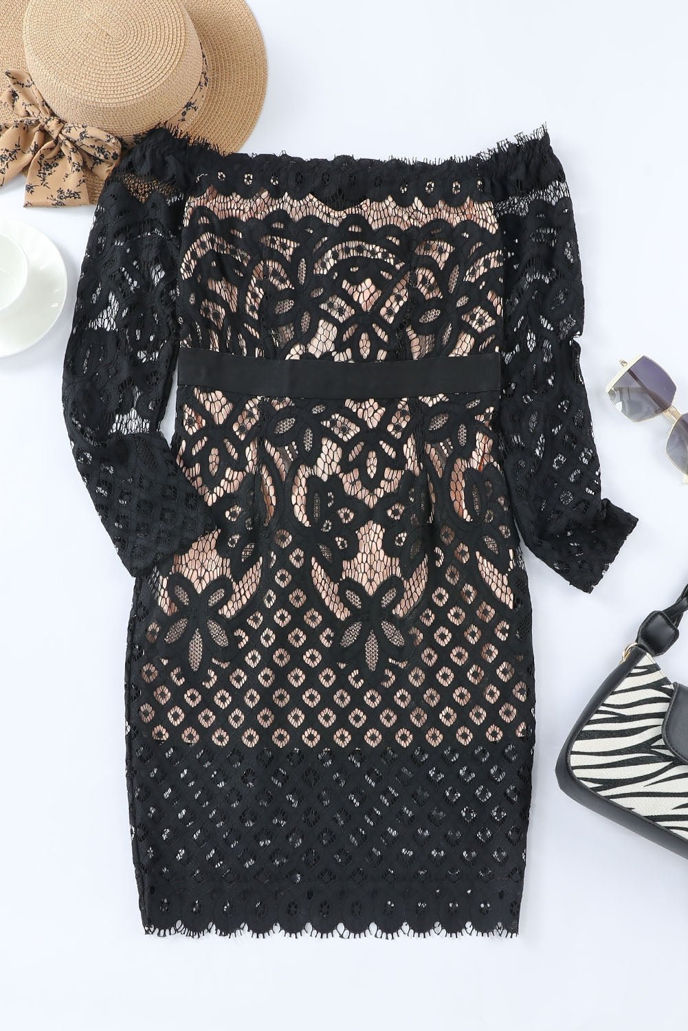 Off - Shoulder Long Sleeve Lace Dress - GlossDrop