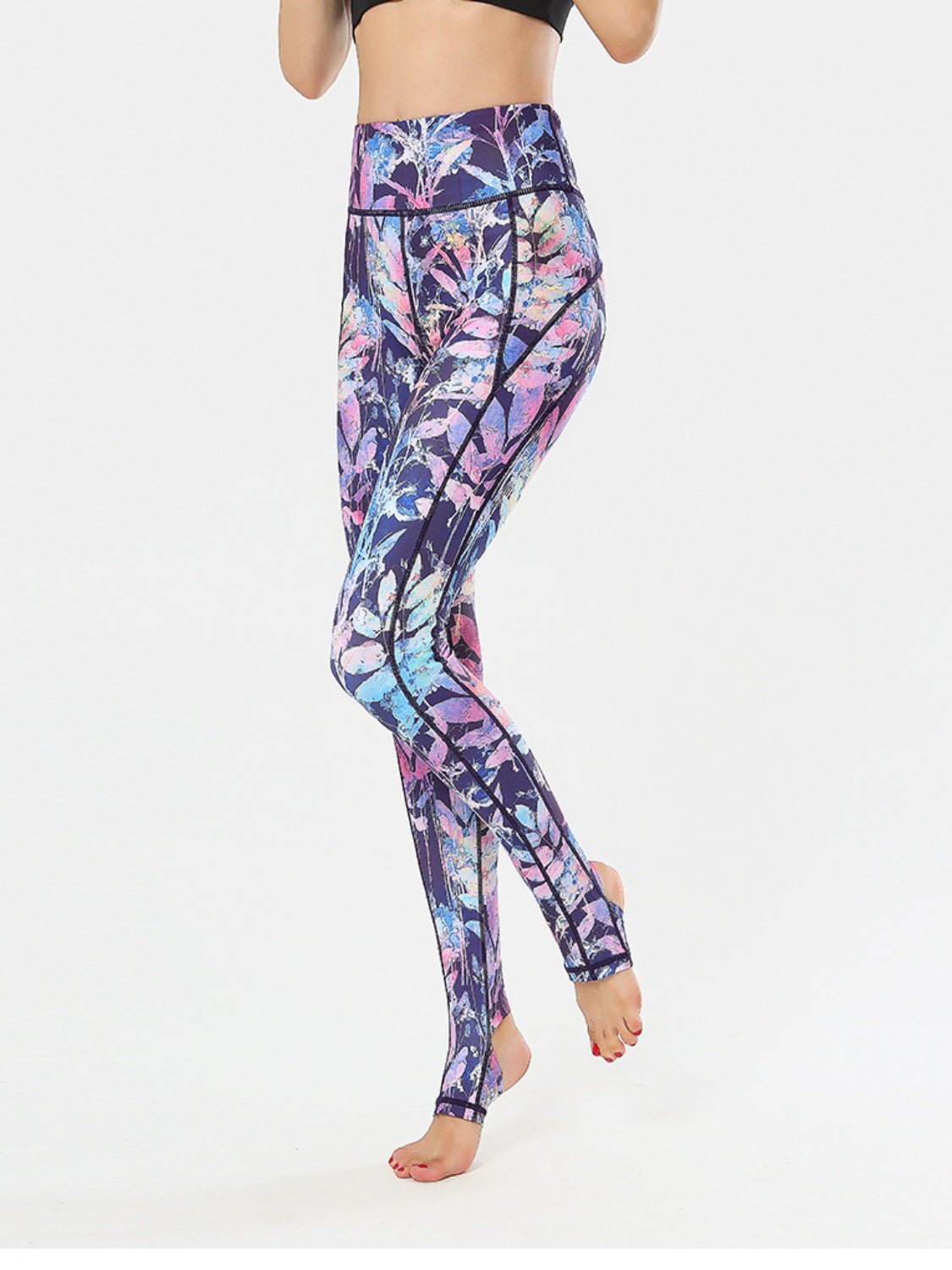 Printed Wide Waistband Active Leggings with Stirrups - GlossDrop