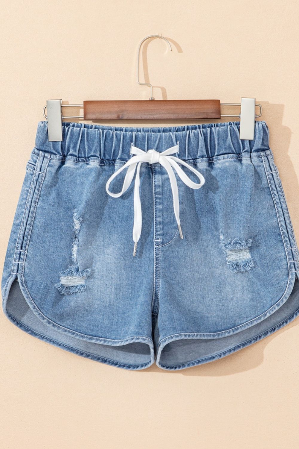 Drawstring High Waist Distressed Denim Shorts - GlossDrop