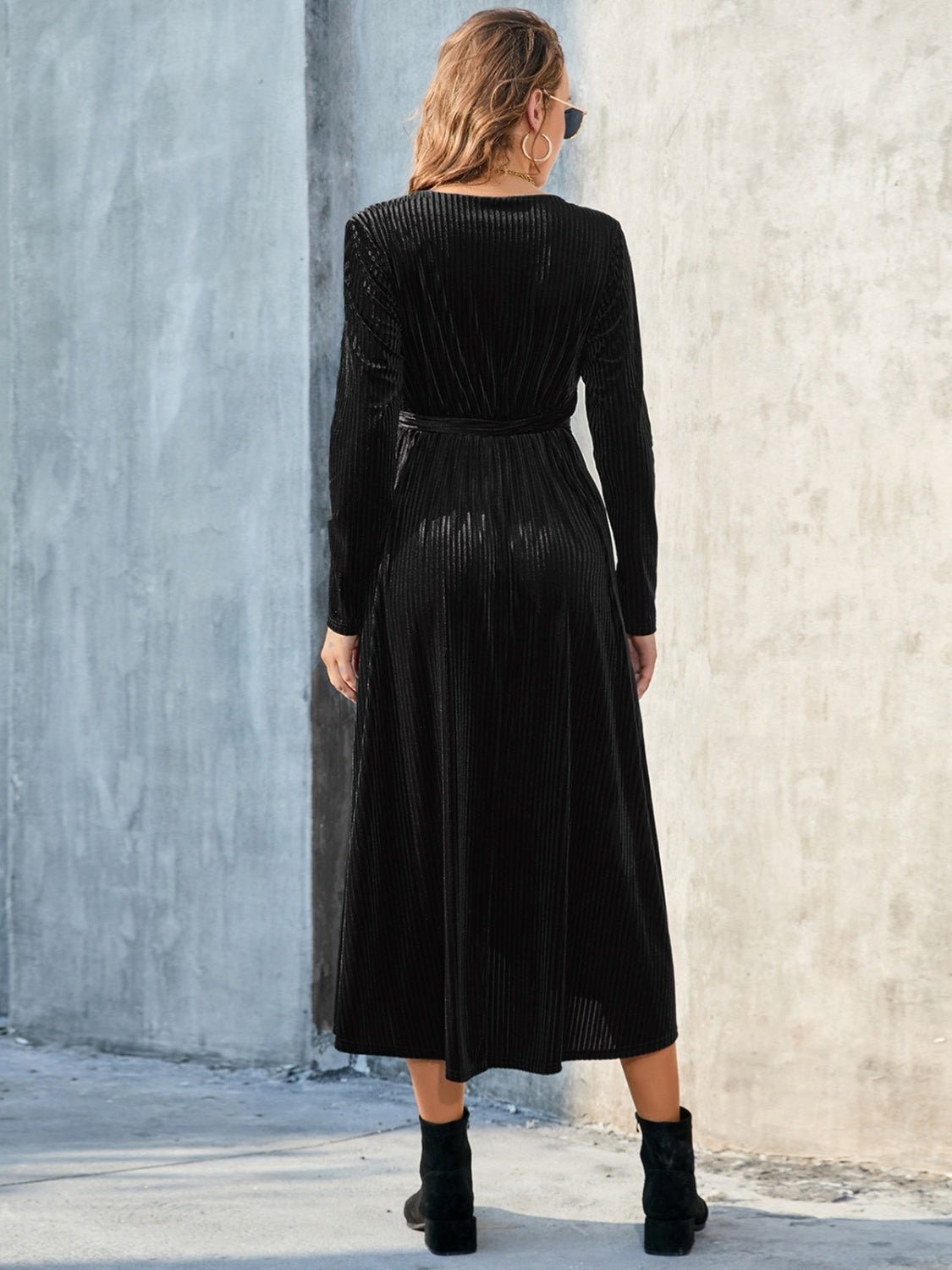 Tie Front Long Sleeve Slit Dress - GlossDrop