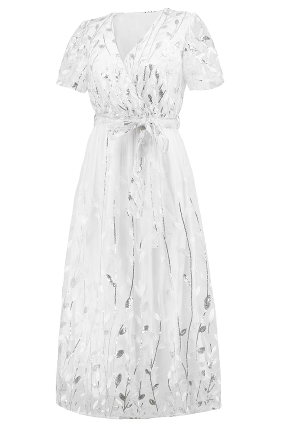 Sequin Leaf Embroidery Tie Front Short Sleeve Dress - GlossDrop