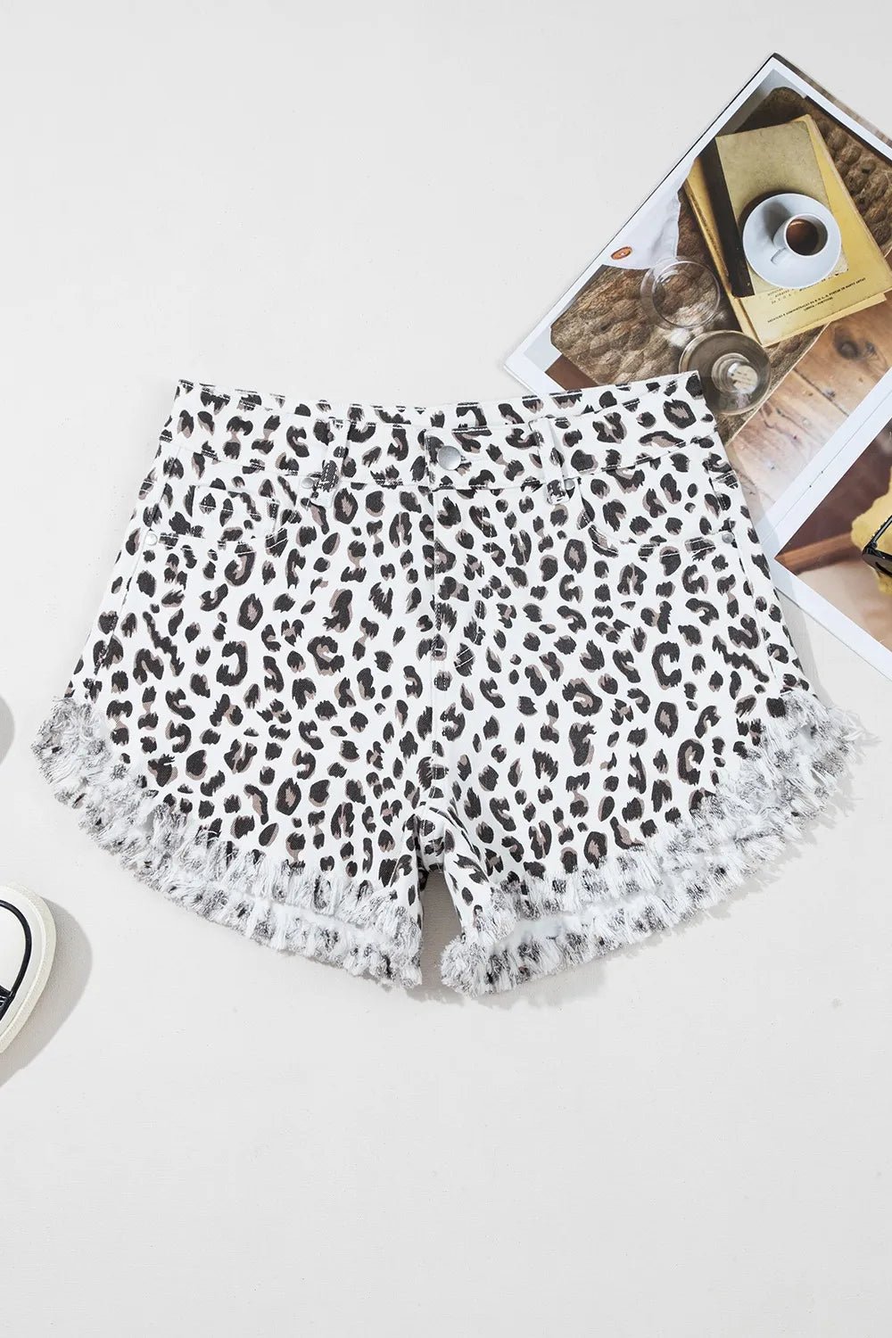 Leopard Frayed Hem Denim Shorts - GlossDrop