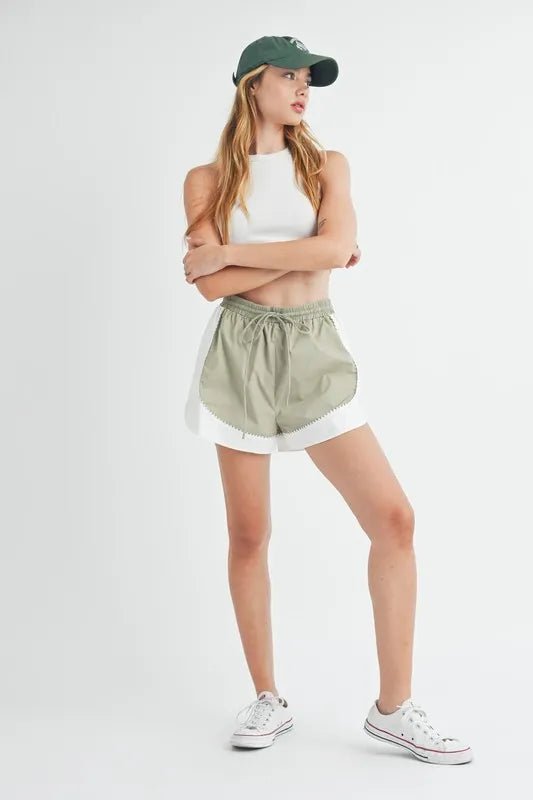 MABLE Drawstring Waist Contrast Trim Detail Shorts - GlossDrop