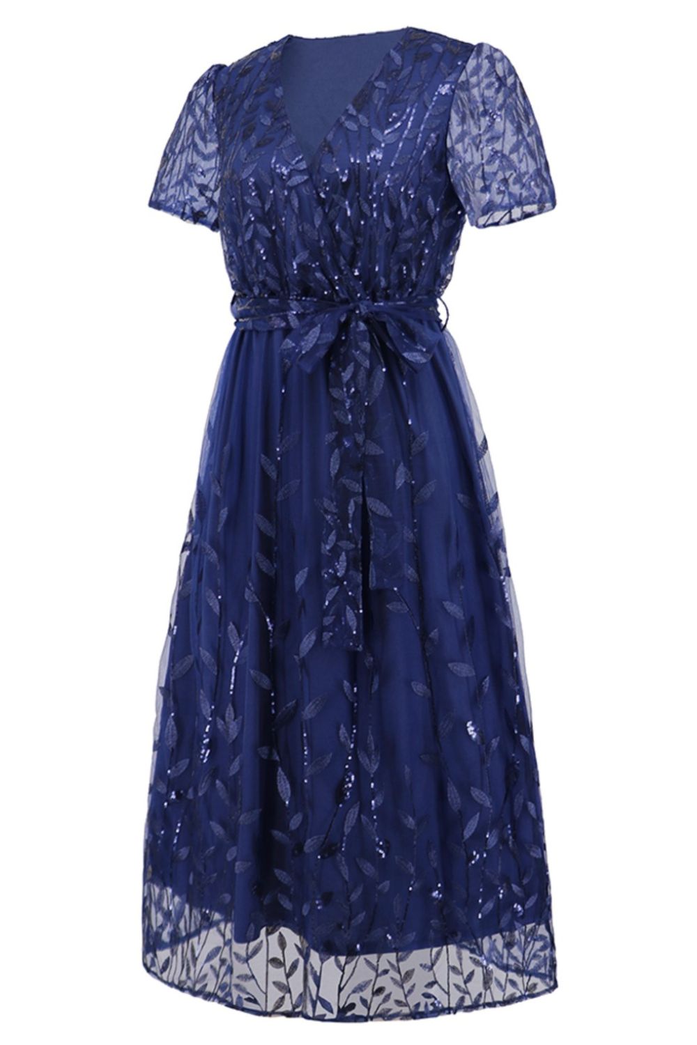 Sequin Leaf Embroidery Tie Front Short Sleeve Dress - GlossDrop