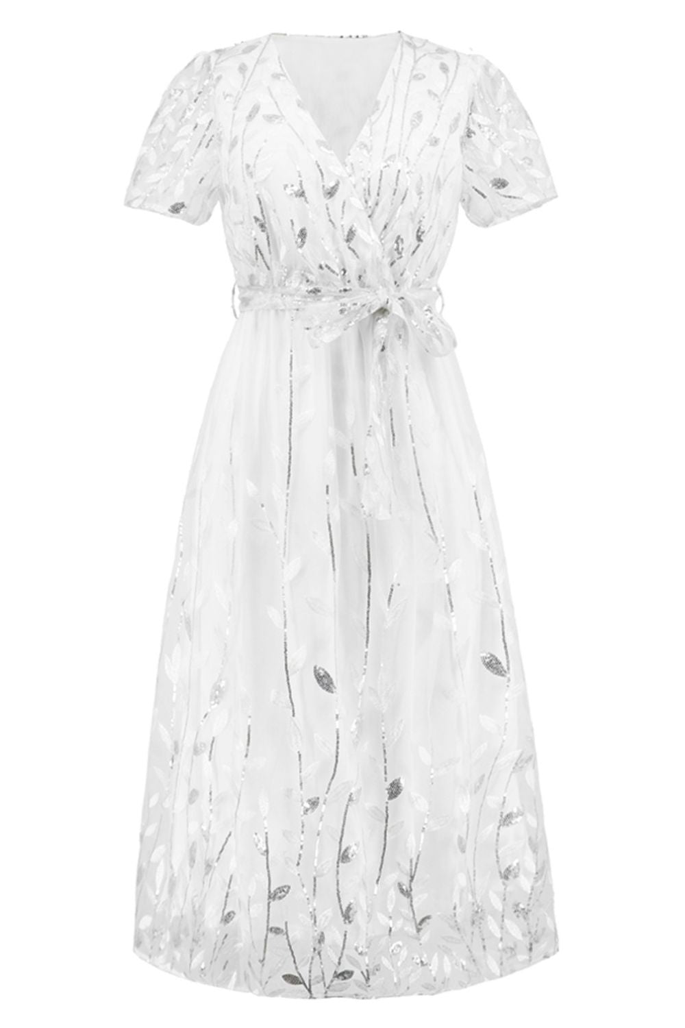 Sequin Leaf Embroidery Tie Front Short Sleeve Dress - GlossDrop