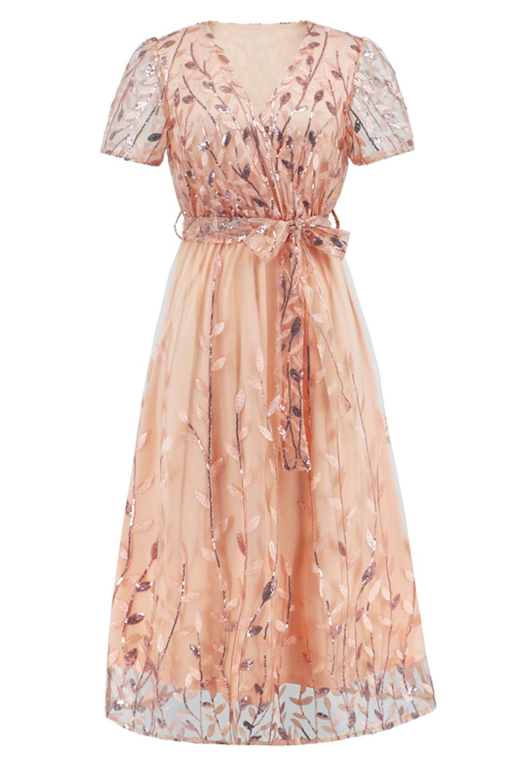 Sequin Leaf Embroidery Tie Front Short Sleeve Dress - GlossDrop