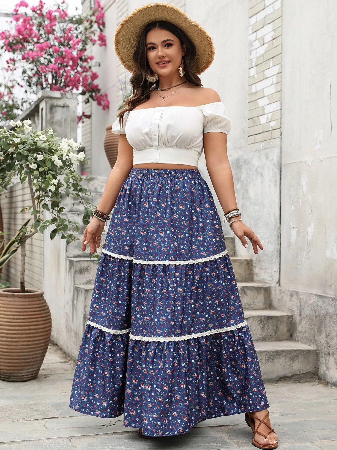 Plus Size Floral Elastic Waist Maxi Skirt - GlossDrop