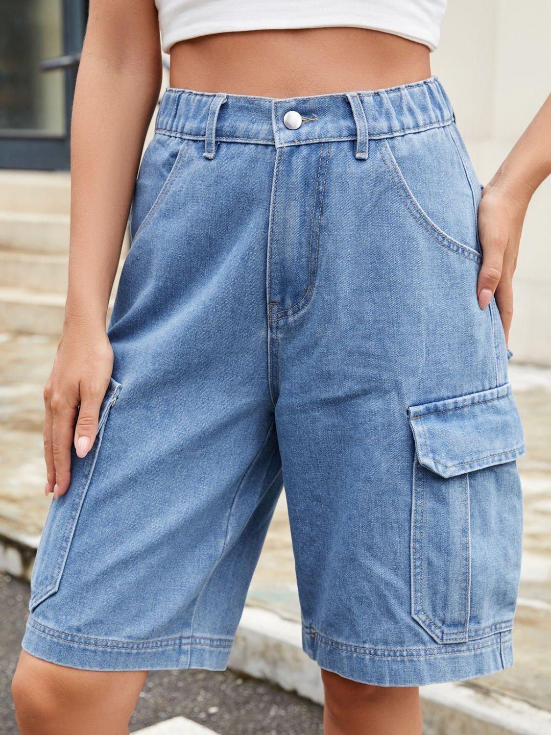 High Waist Denim Shorts with Pockets - GlossDrop