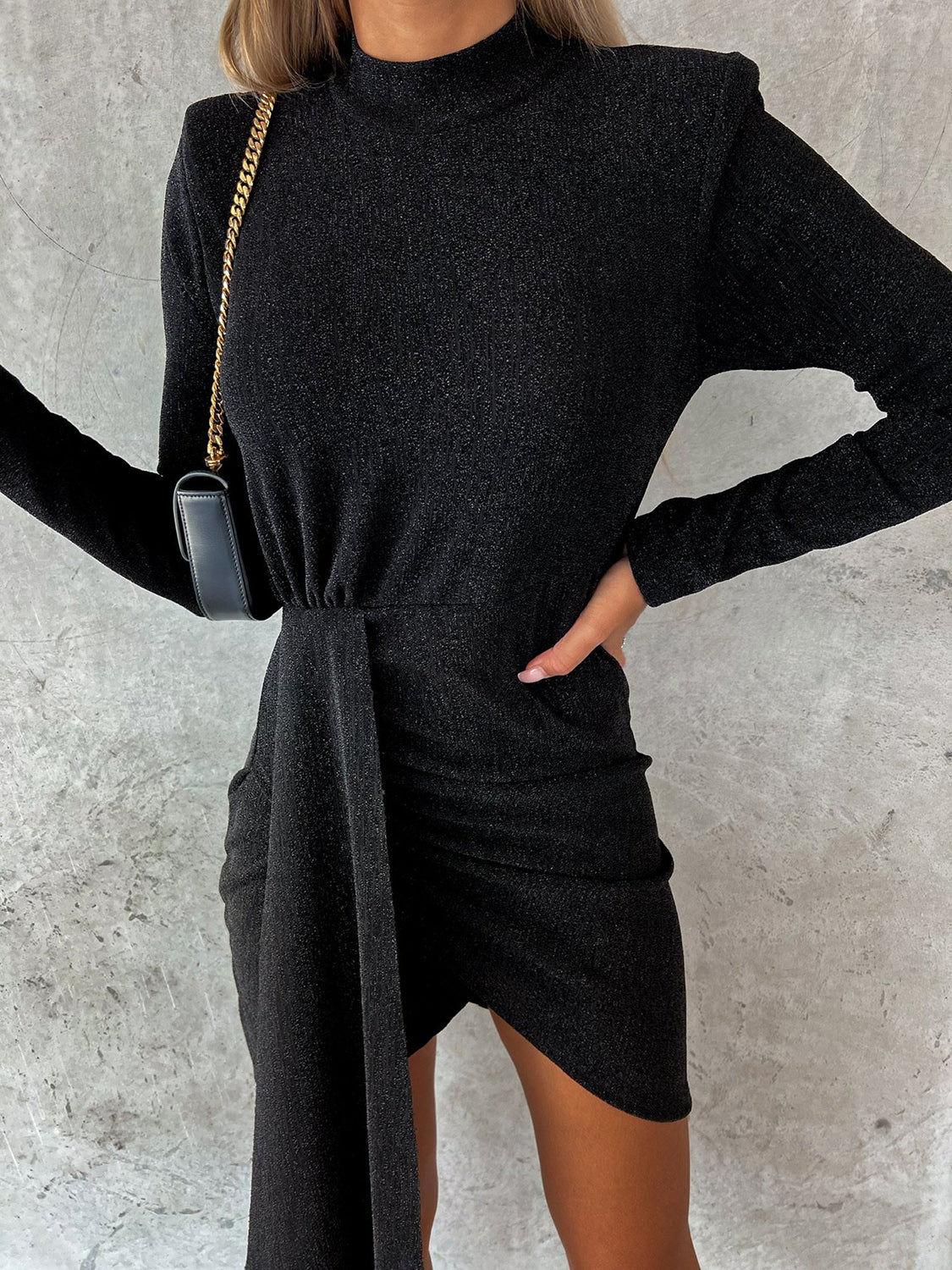 Heathered Mock Neck Long Sleeve Mini Dress - GlossDrop