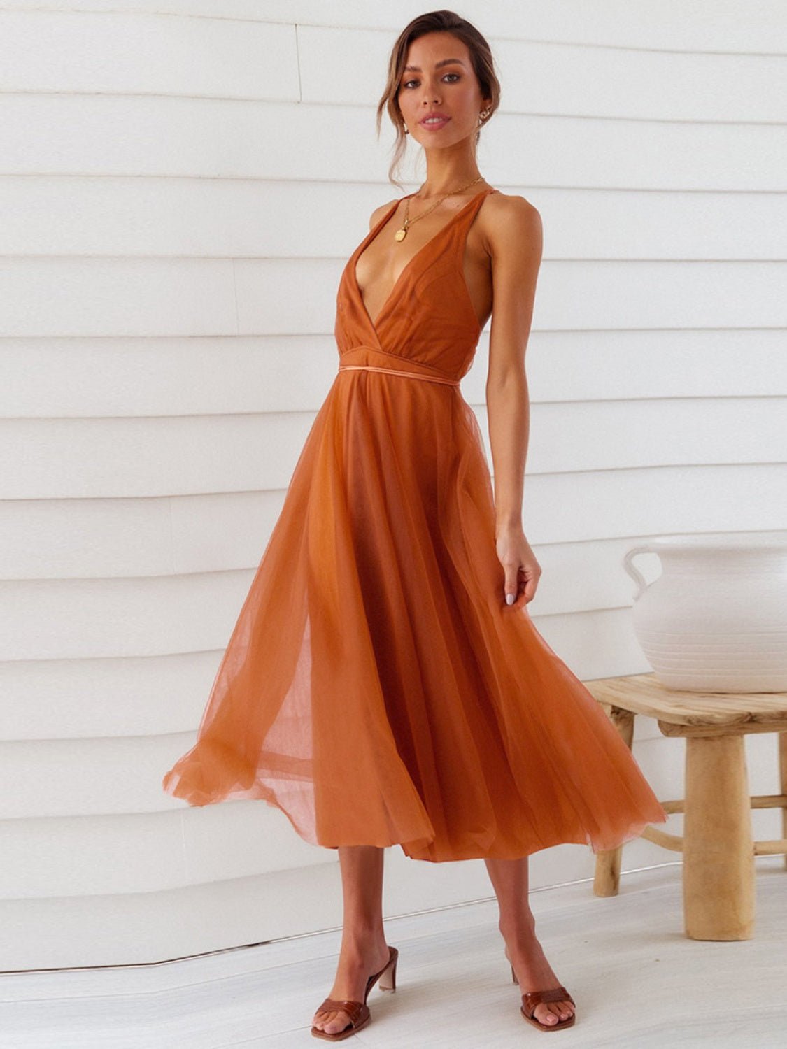 Backless Crisscross Sleeveless Midi Dress - GlossDrop