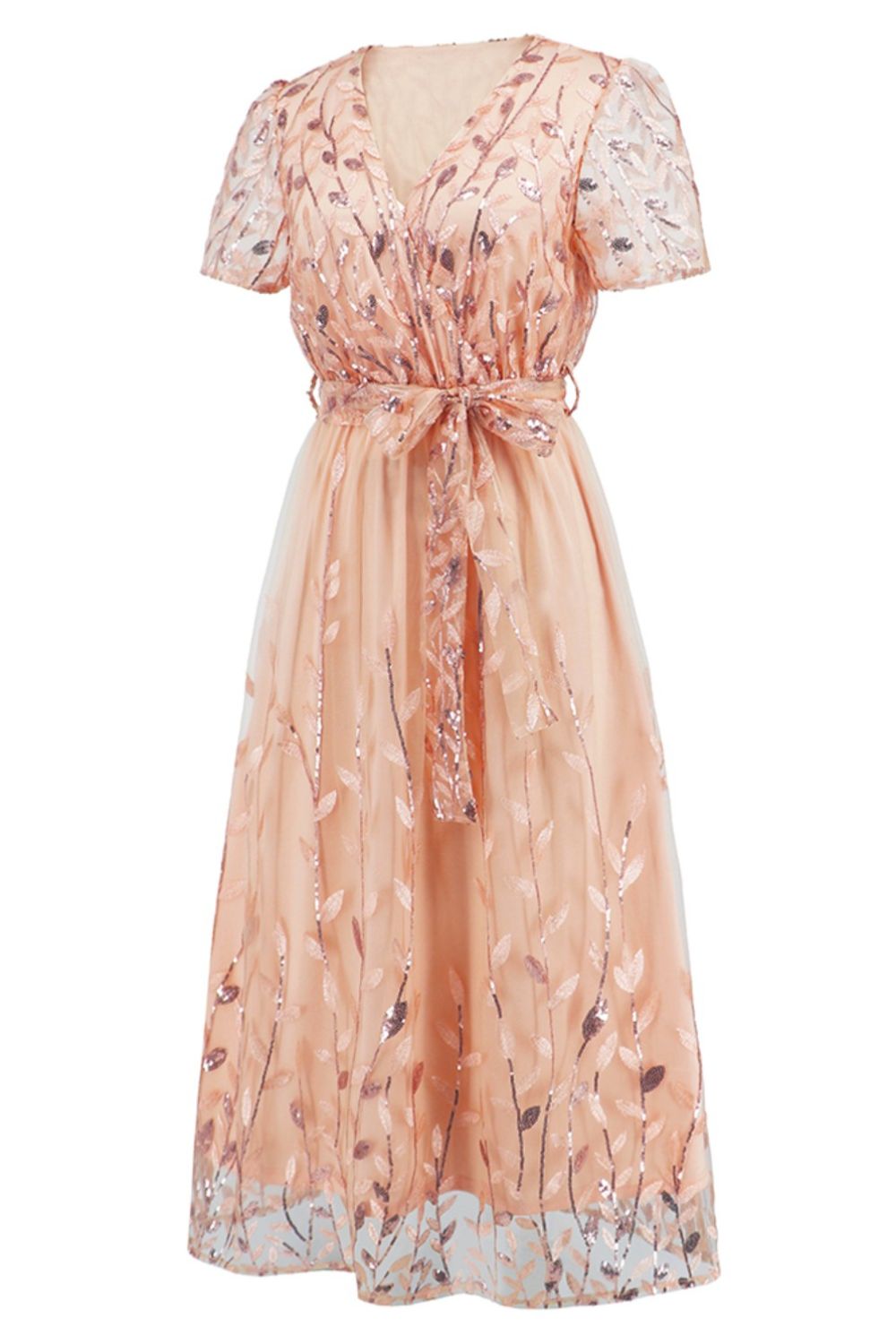 Sequin Leaf Embroidery Tie Front Short Sleeve Dress - GlossDrop