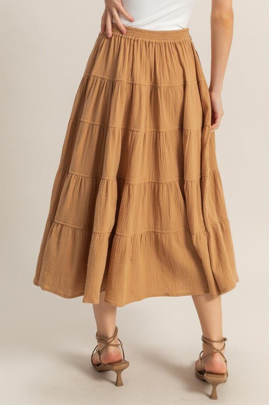 HYFVE Double Gauze Tiered Midi Skirt with Pockets - GlossDrop