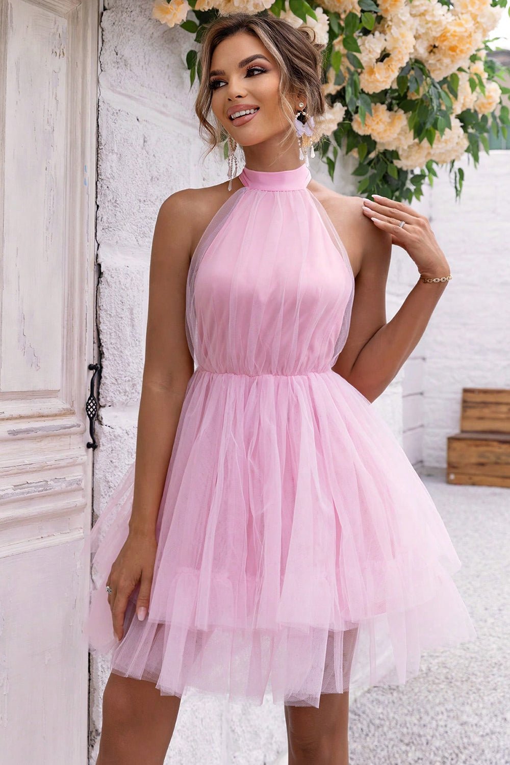 Halter Neck Backless Mesh Dress - GlossDrop