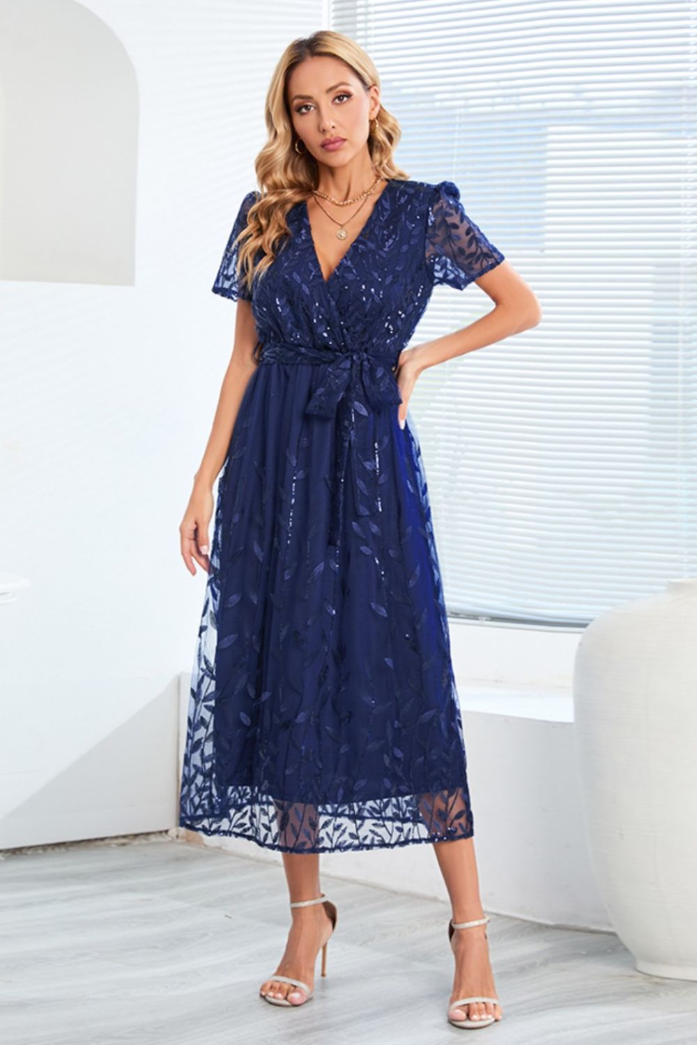 Sequin Leaf Embroidery Tie Front Short Sleeve Dress - GlossDrop