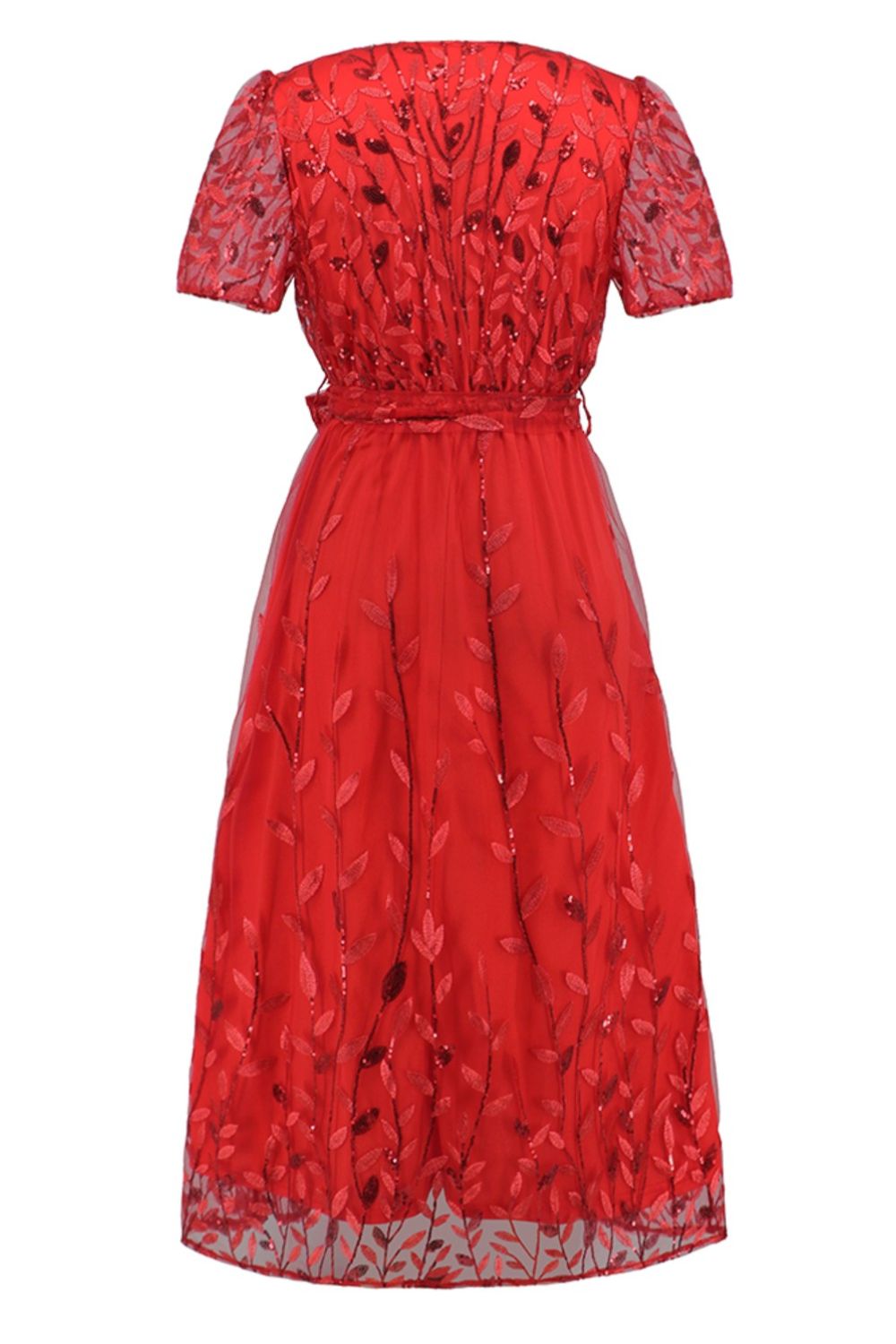 Sequin Leaf Embroidery Tie Front Short Sleeve Dress - GlossDrop
