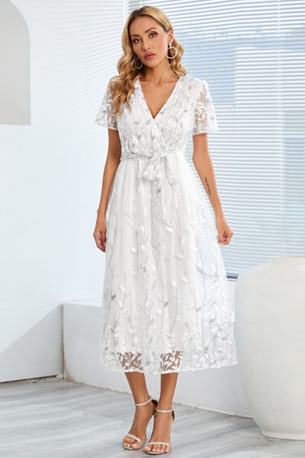 Sequin Leaf Embroidery Tie Front Short Sleeve Dress - GlossDrop