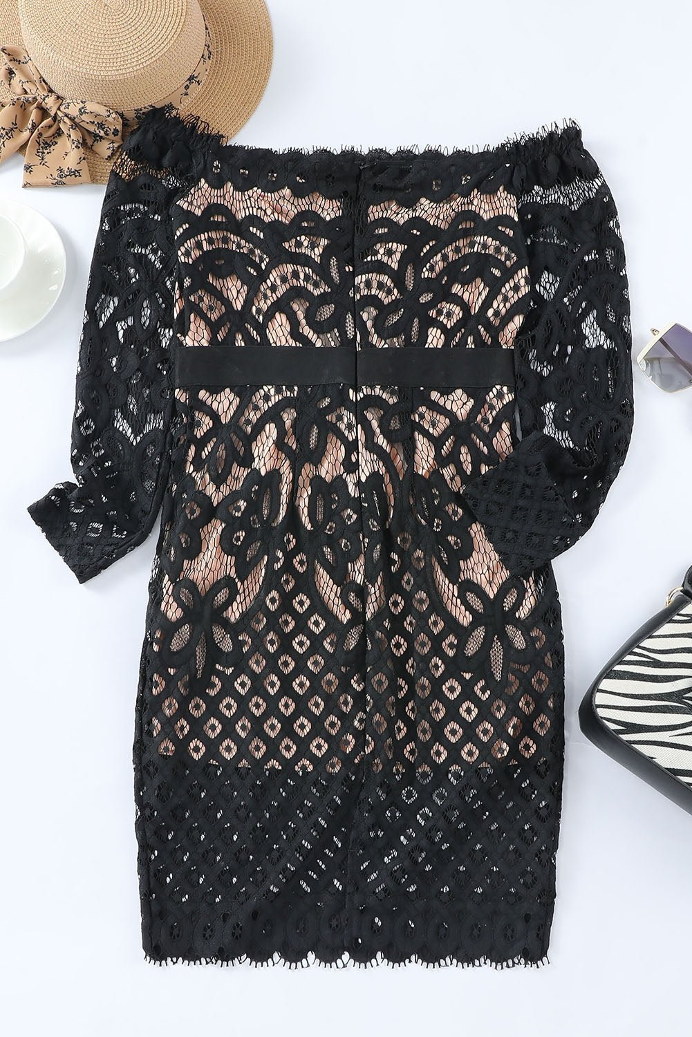 Off - Shoulder Long Sleeve Lace Dress - GlossDrop