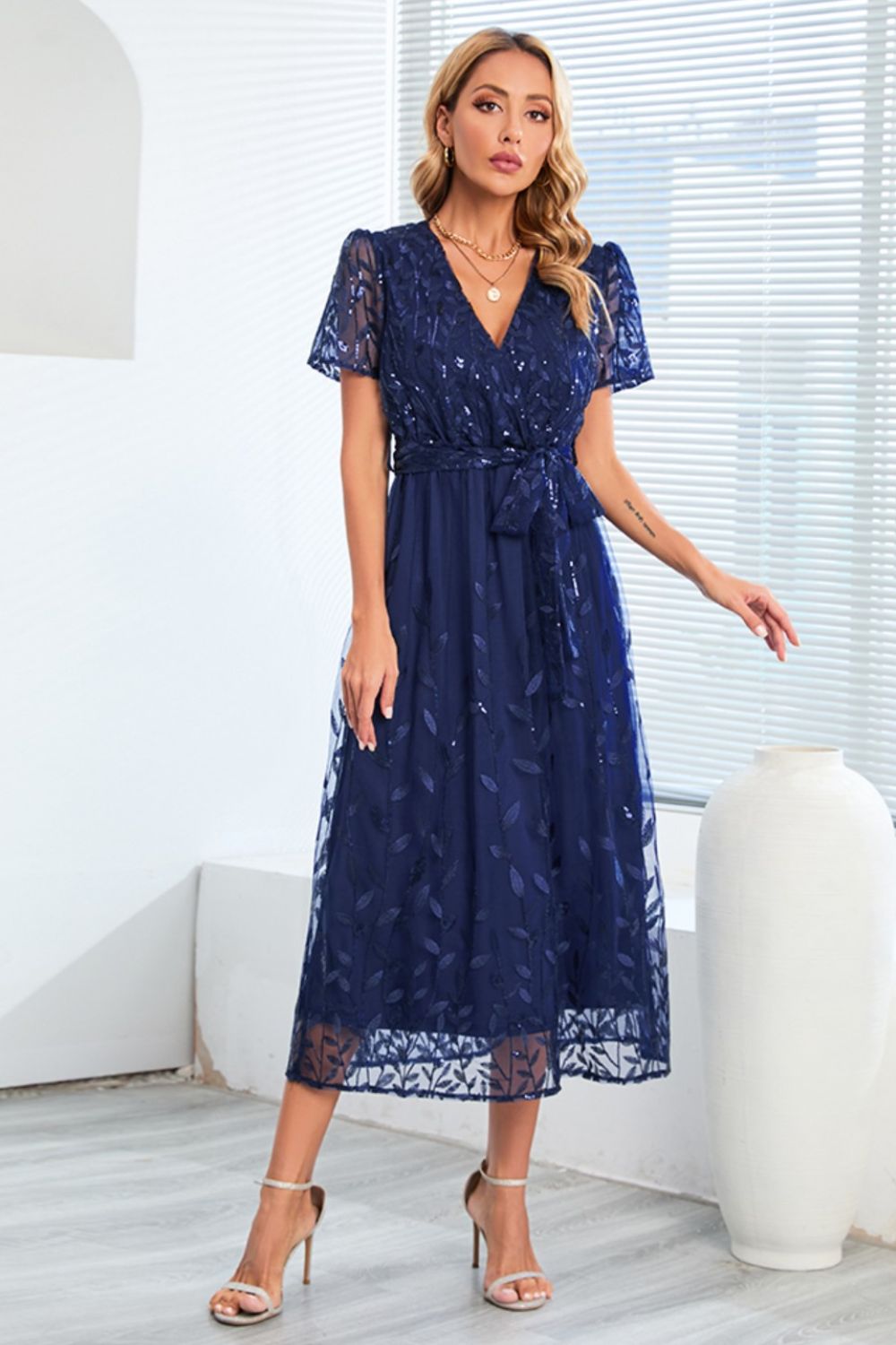 Sequin Leaf Embroidery Tie Front Short Sleeve Dress - GlossDrop