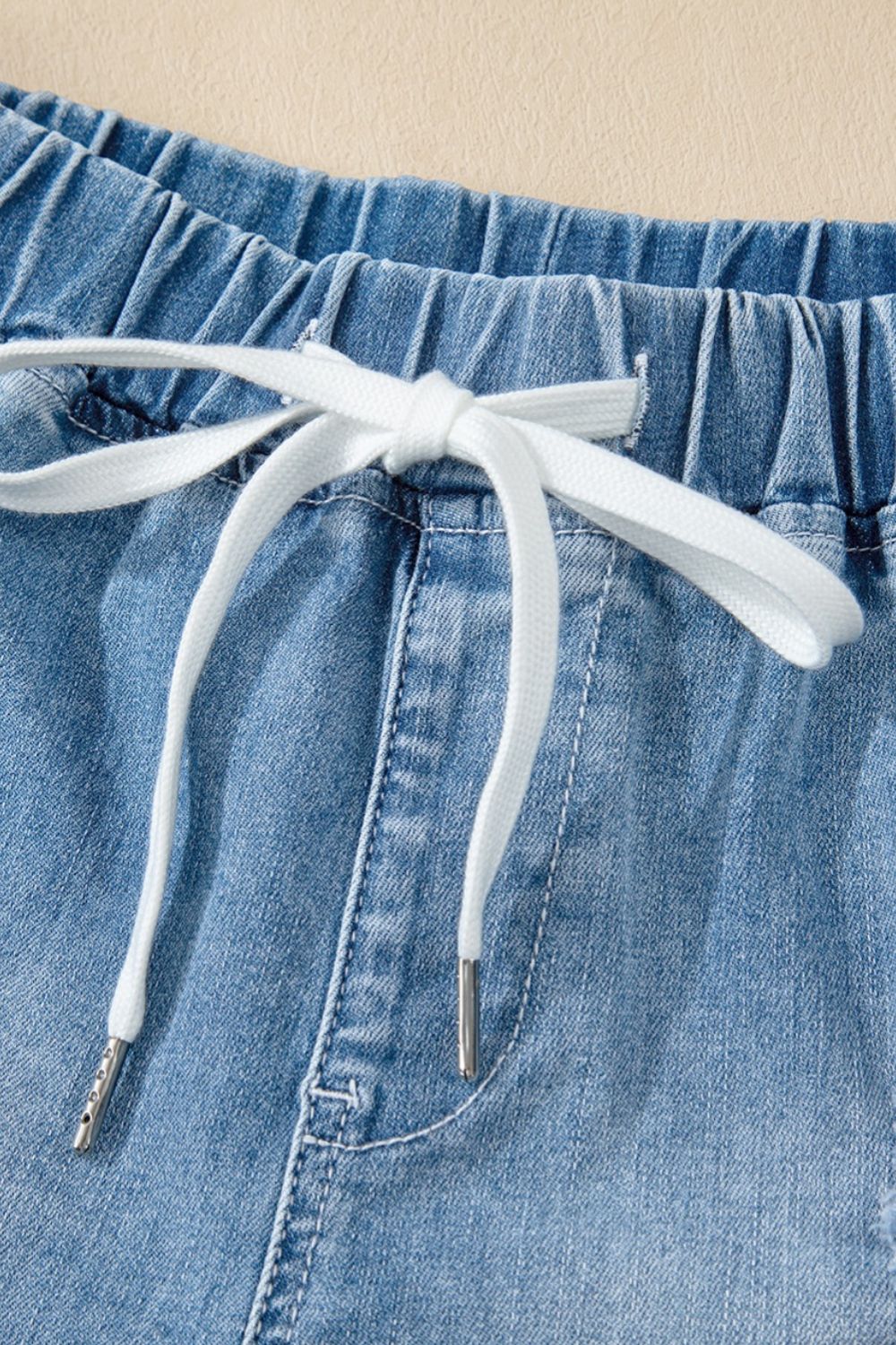 Drawstring High Waist Distressed Denim Shorts - GlossDrop