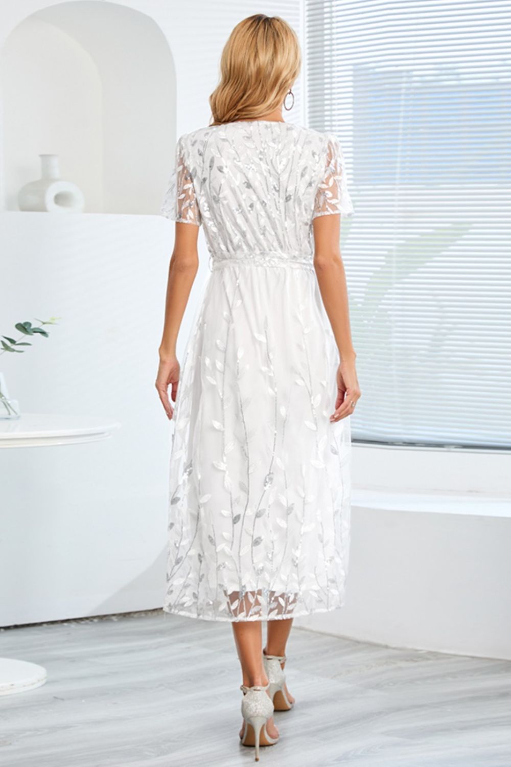 Sequin Leaf Embroidery Tie Front Short Sleeve Dress - GlossDrop