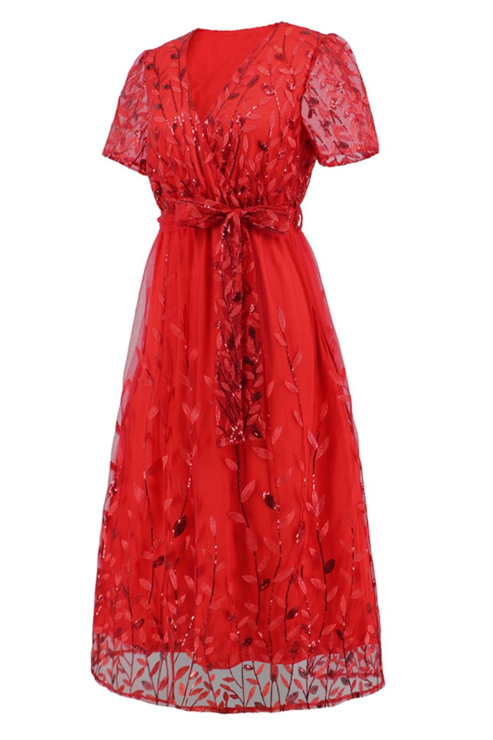Sequin Leaf Embroidery Tie Front Short Sleeve Dress - GlossDrop