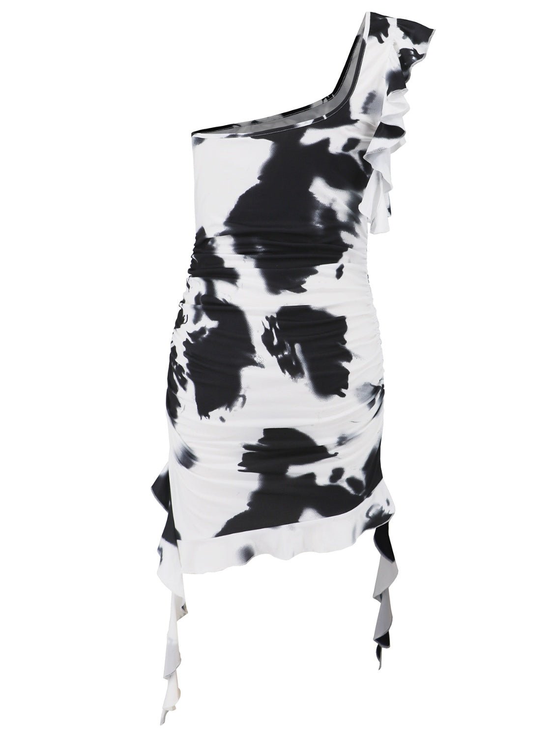 Ruffled Tie - Dye Single Shoulder Mini Dress - GlossDrop