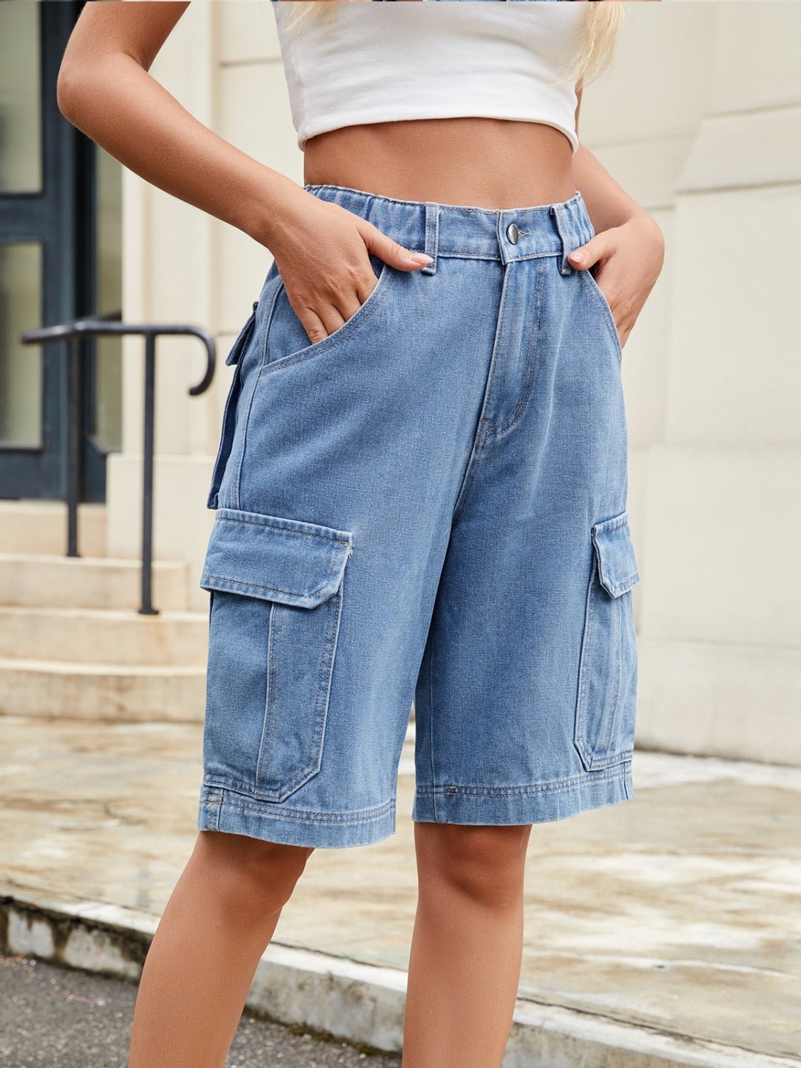 High Waist Denim Shorts with Pockets - GlossDrop