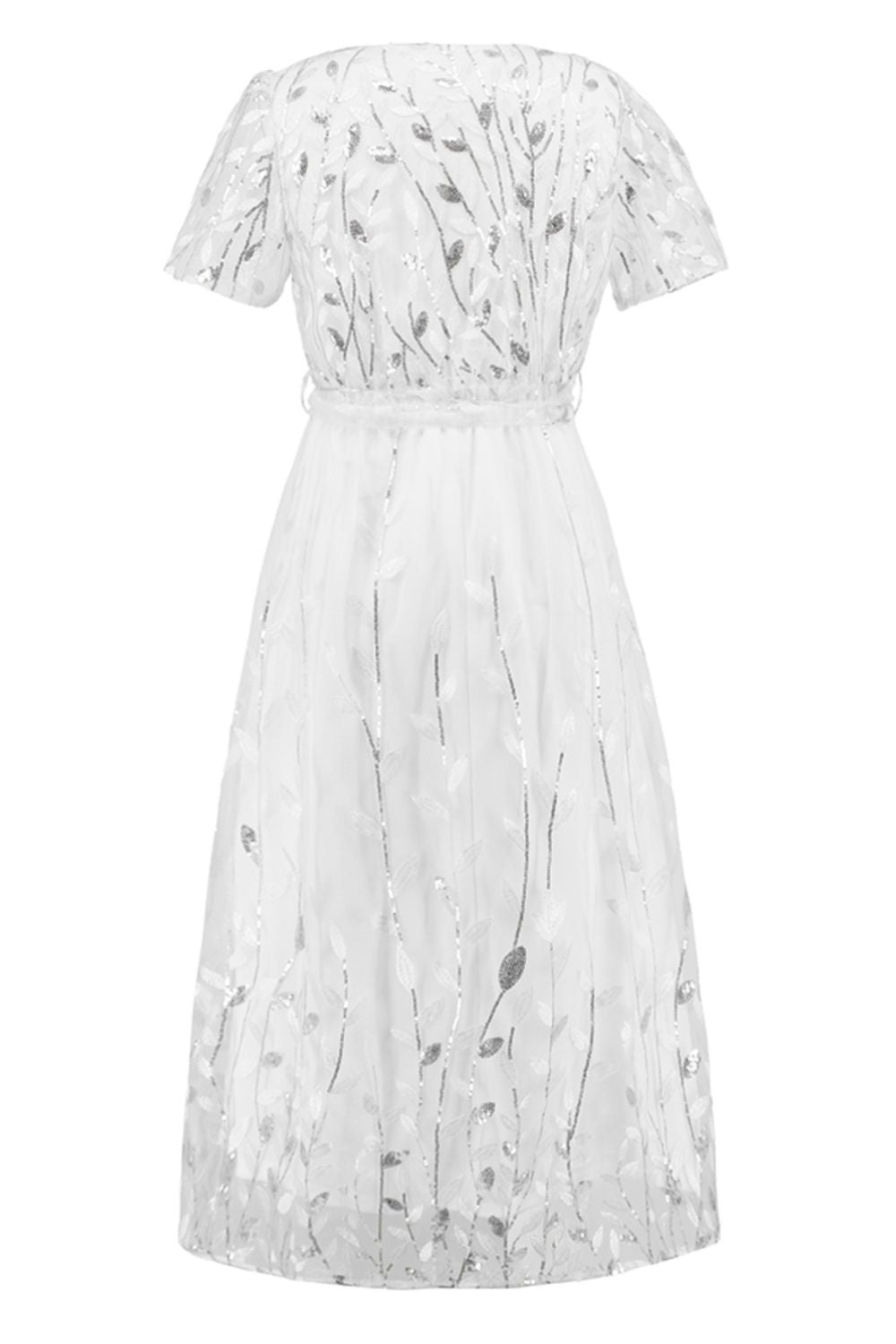 Sequin Leaf Embroidery Tie Front Short Sleeve Dress - GlossDrop