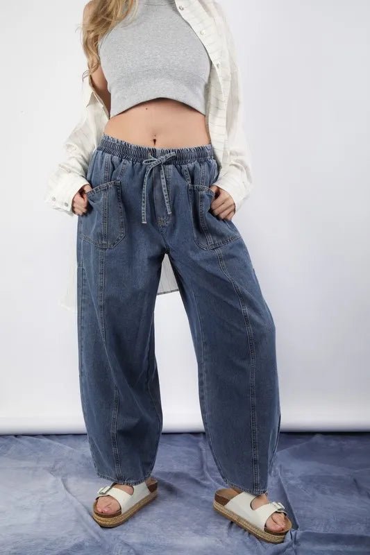VERY J Washed Chambray Barrel Denim Pants - GlossDrop