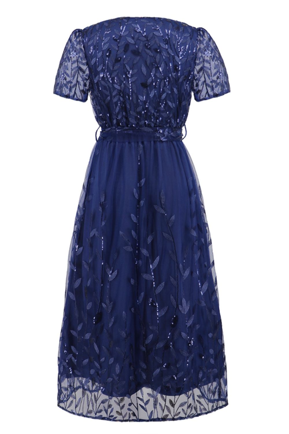 Sequin Leaf Embroidery Tie Front Short Sleeve Dress - GlossDrop