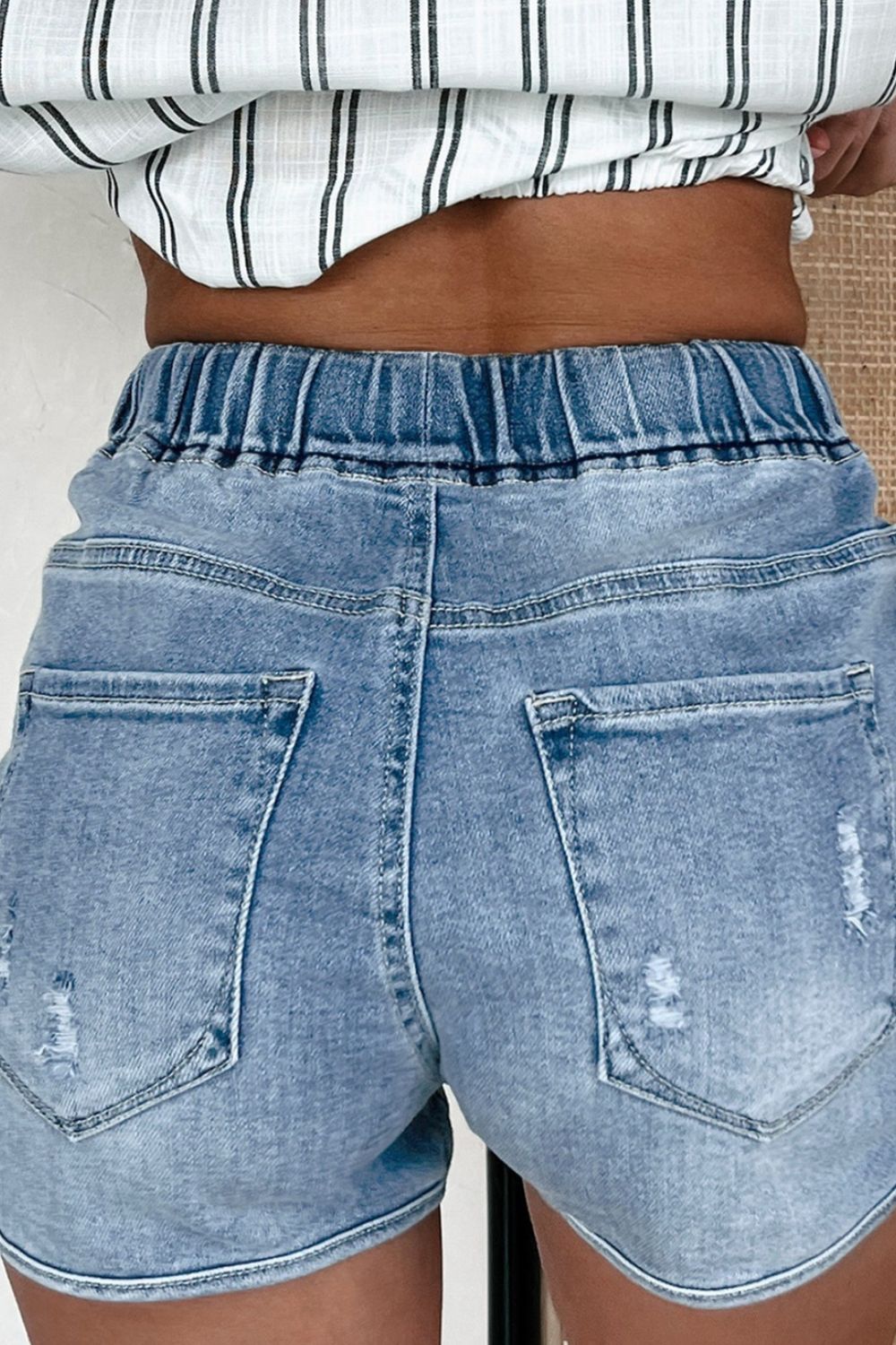 Drawstring High Waist Distressed Denim Shorts - GlossDrop