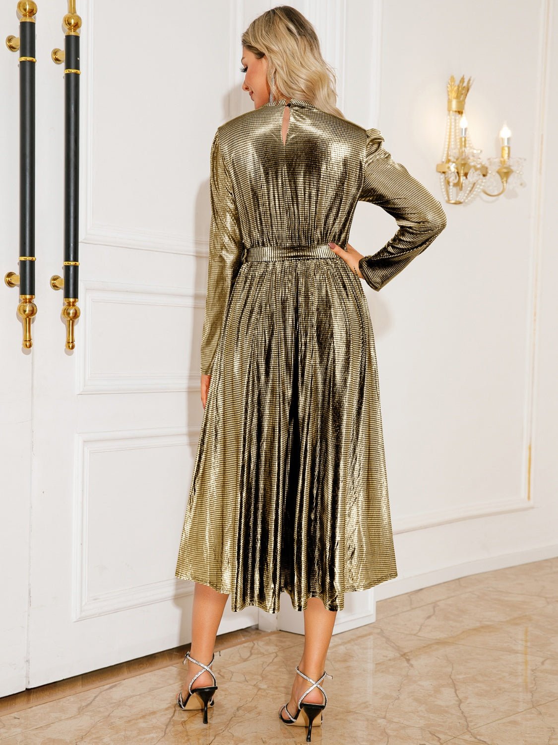 Tie Waist Long Sleeve Midi Dress - GlossDrop