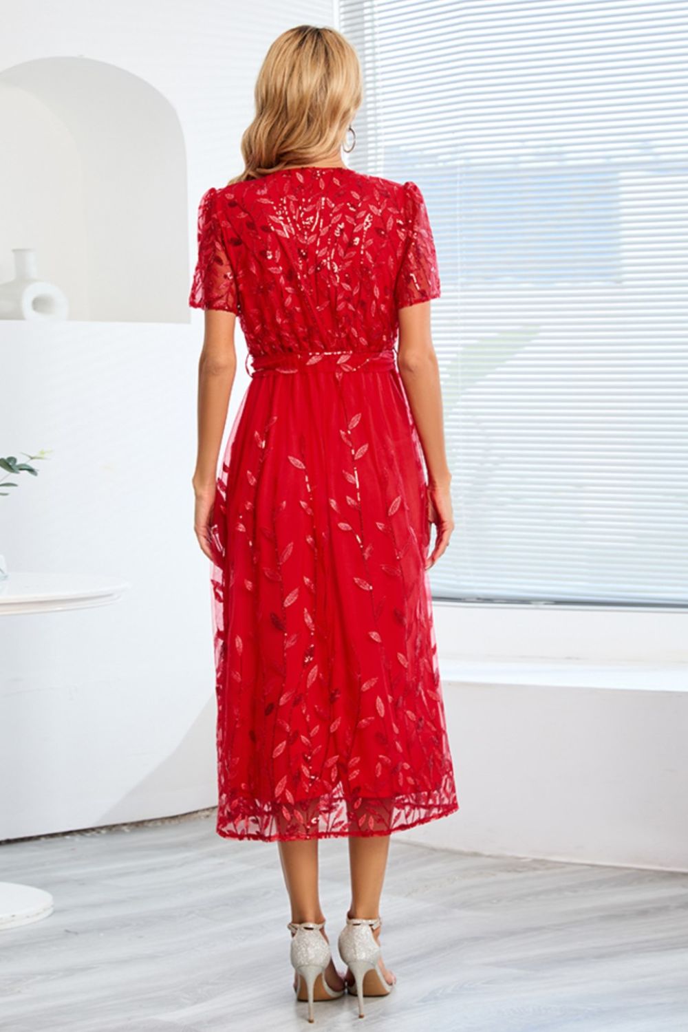 Sequin Leaf Embroidery Tie Front Short Sleeve Dress - GlossDrop