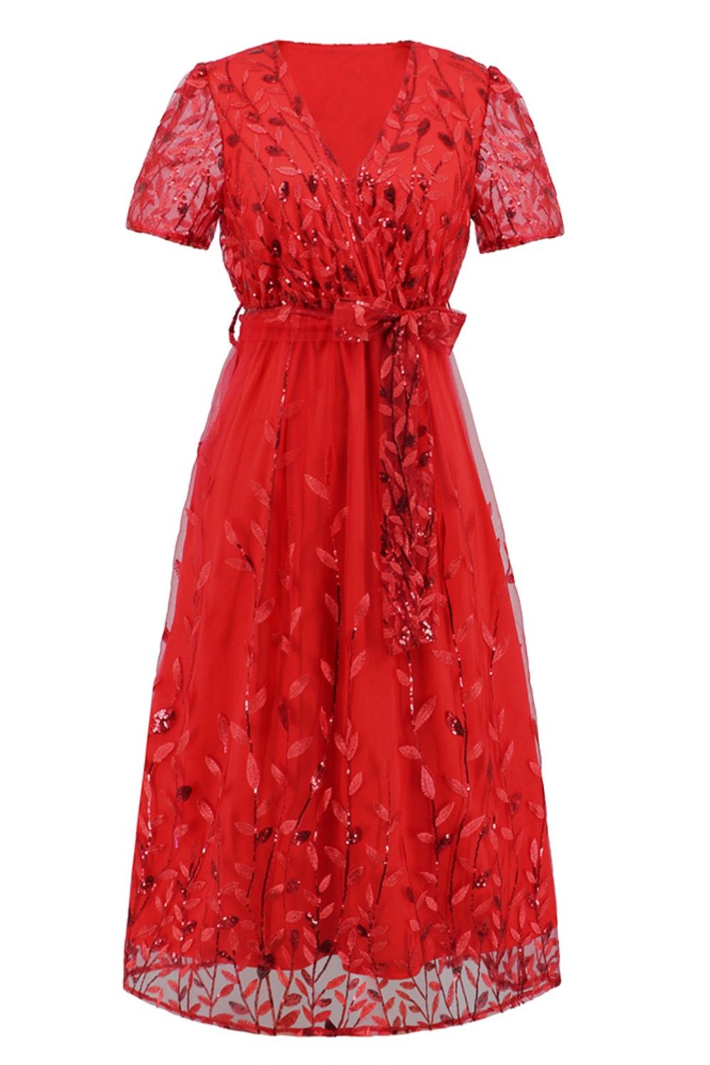 Sequin Leaf Embroidery Tie Front Short Sleeve Dress - GlossDrop
