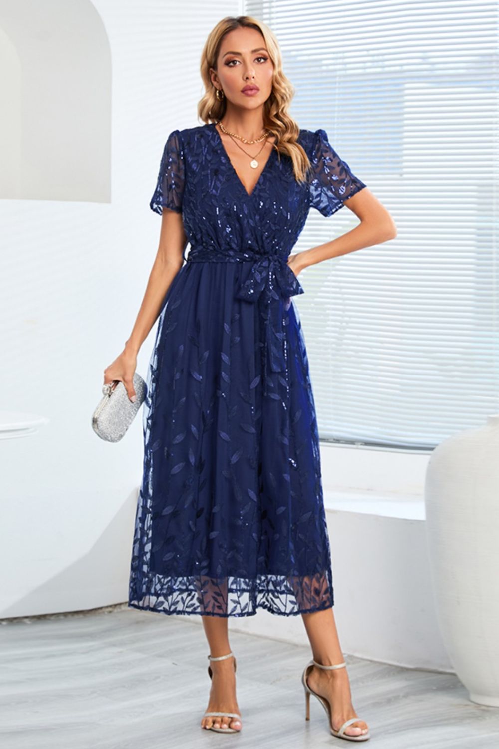 Sequin Leaf Embroidery Tie Front Short Sleeve Dress - GlossDrop