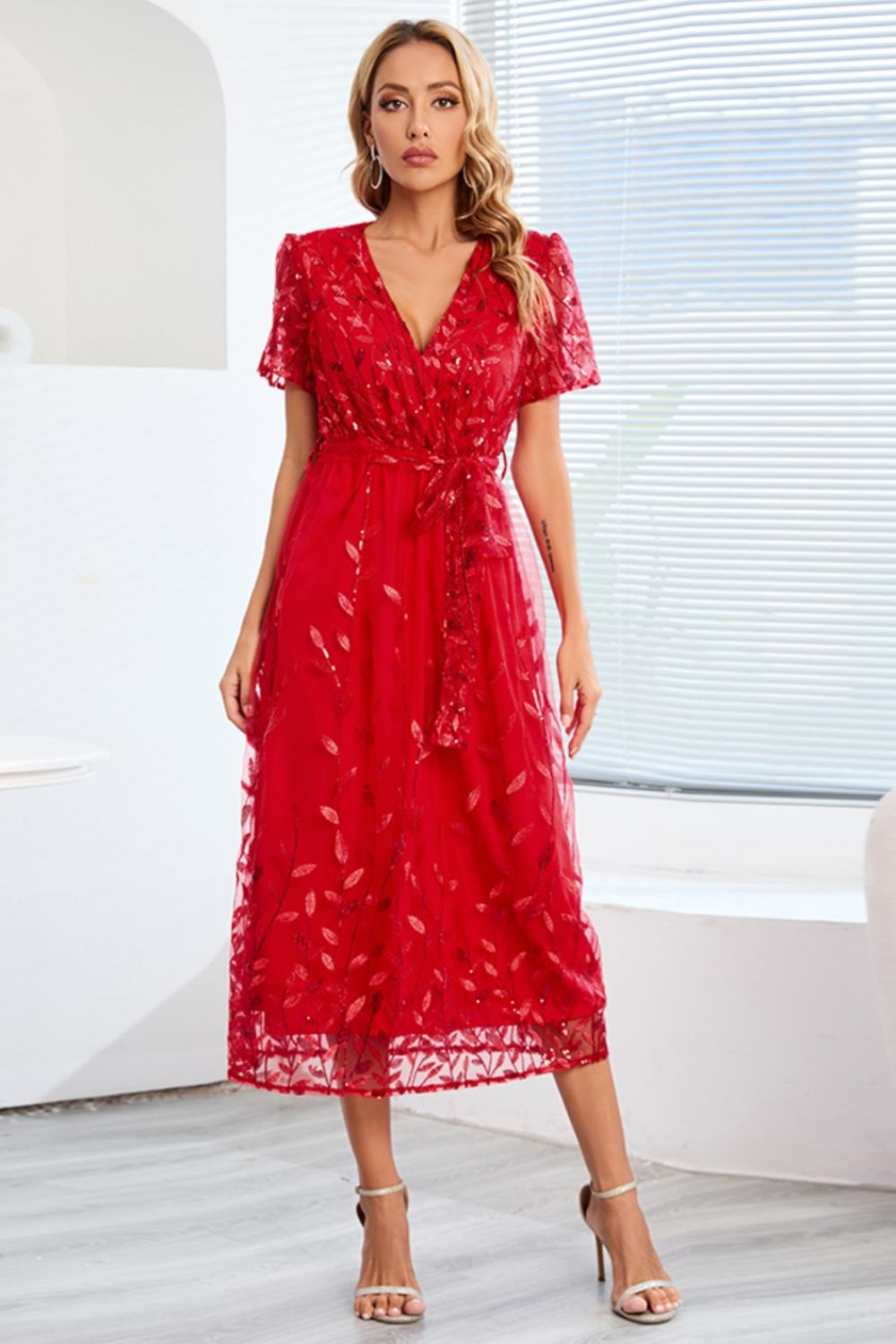 Sequin Leaf Embroidery Tie Front Short Sleeve Dress - GlossDrop