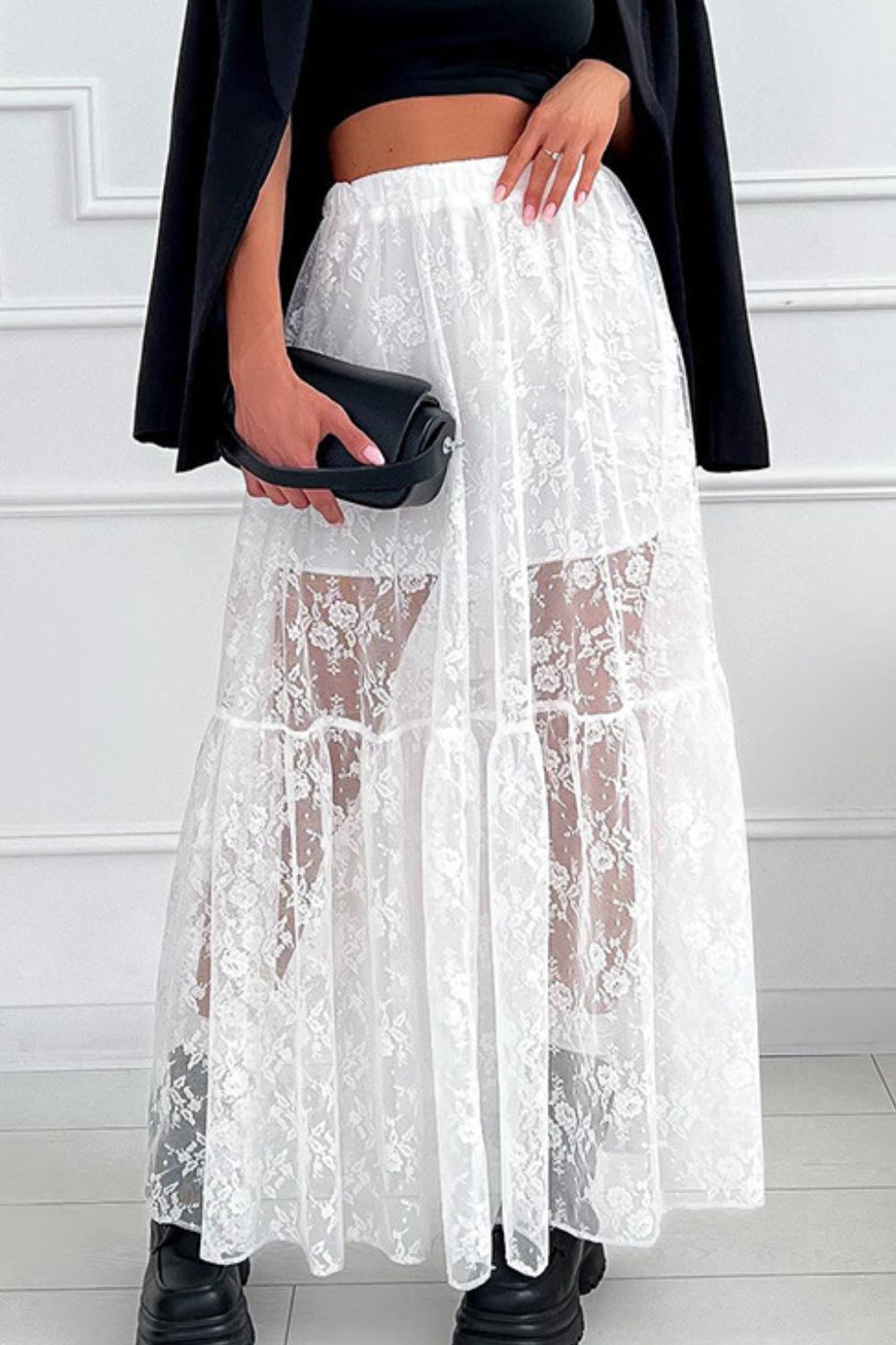 Lace Elastic Waist Maxi Skirt - GlossDrop