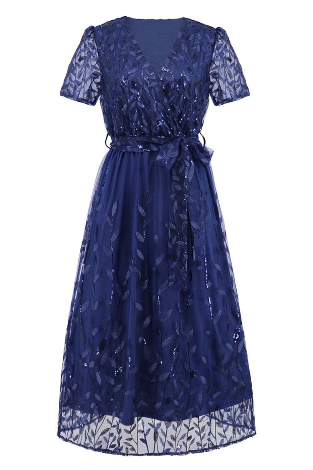 Sequin Leaf Embroidery Tie Front Short Sleeve Dress - GlossDrop