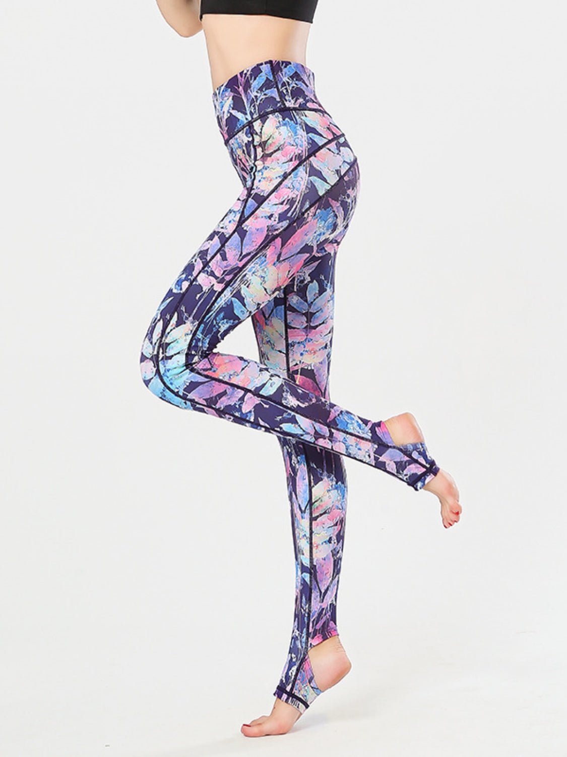 Printed Wide Waistband Active Leggings with Stirrups - GlossDrop