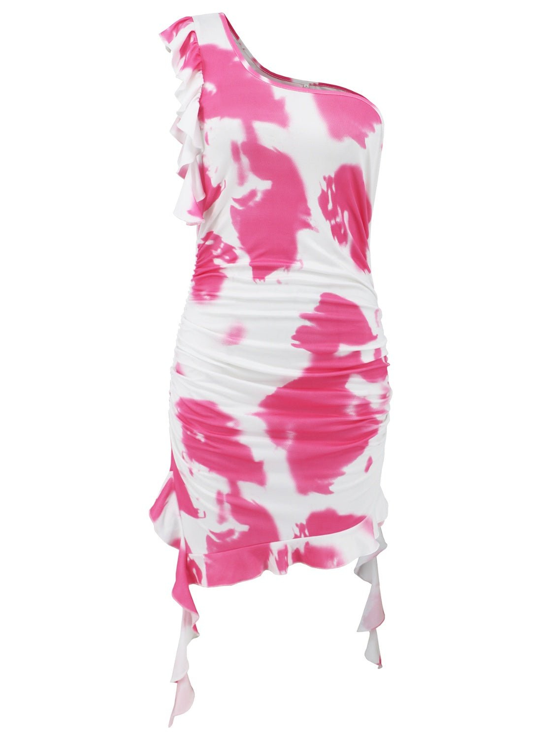 Ruffled Tie - Dye Single Shoulder Mini Dress - GlossDrop