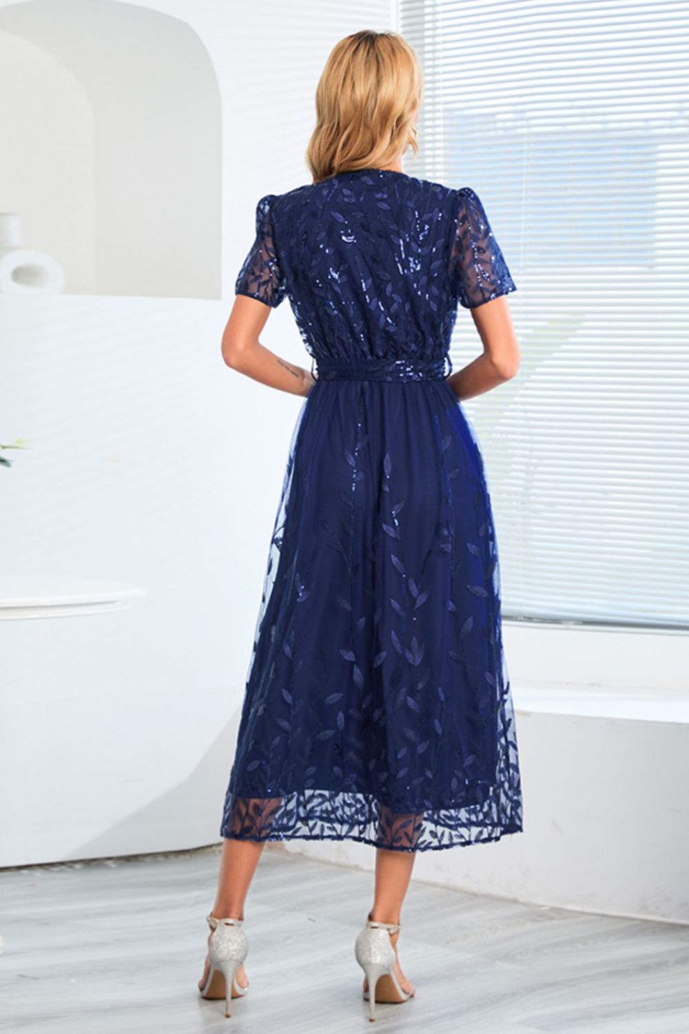 Sequin Leaf Embroidery Tie Front Short Sleeve Dress - GlossDrop