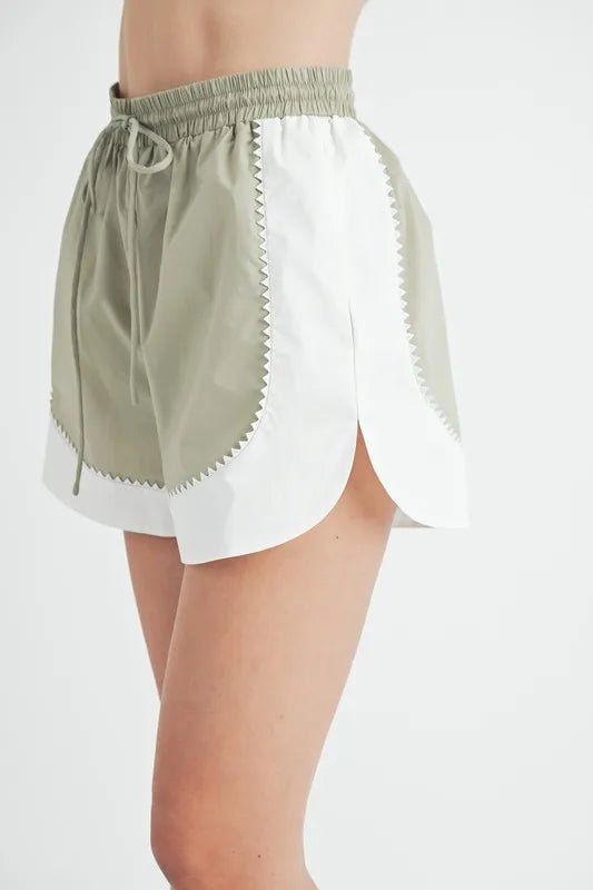 MABLE Drawstring Waist Contrast Trim Detail Shorts - GlossDrop