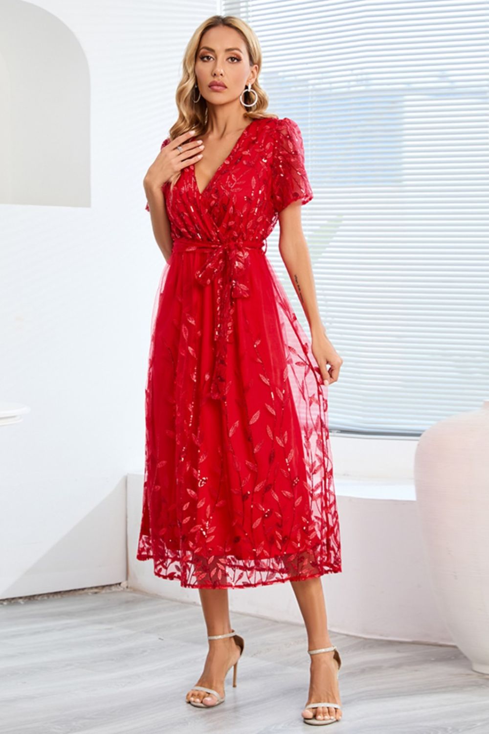 Sequin Leaf Embroidery Tie Front Short Sleeve Dress - GlossDrop