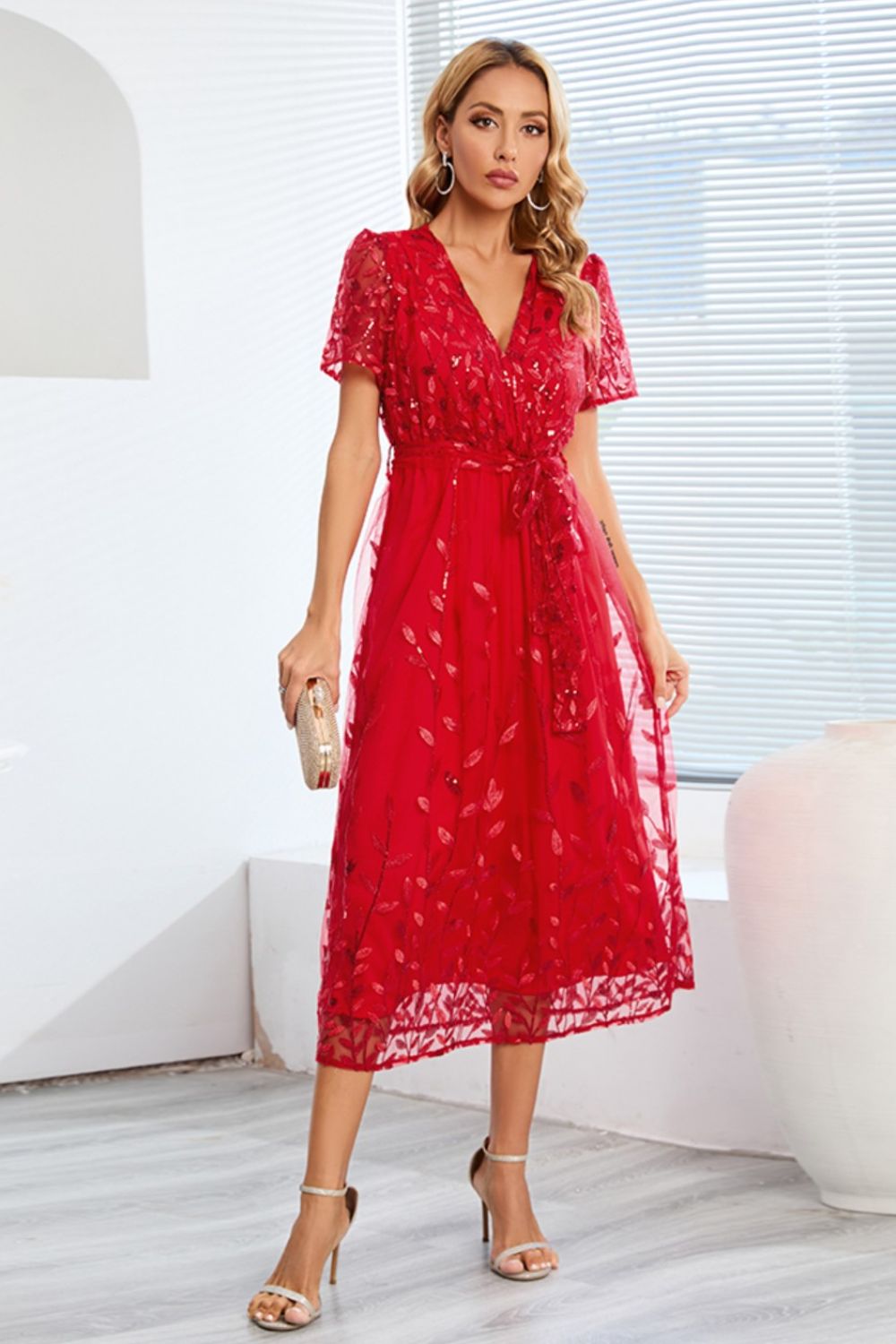 Sequin Leaf Embroidery Tie Front Short Sleeve Dress - GlossDrop