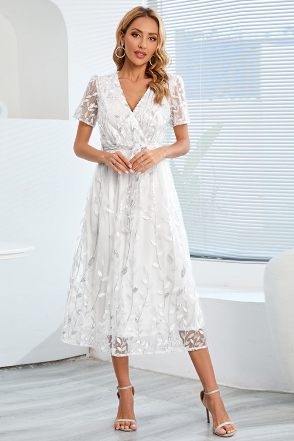 Sequin Leaf Embroidery Tie Front Short Sleeve Dress - GlossDrop