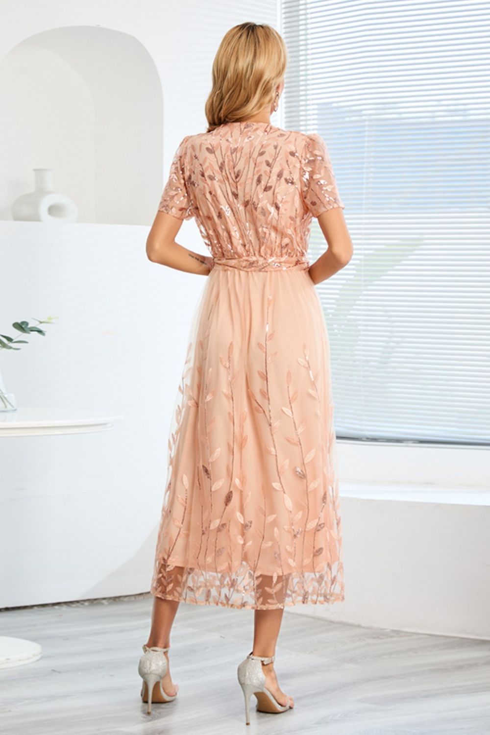 Sequin Leaf Embroidery Tie Front Short Sleeve Dress - GlossDrop