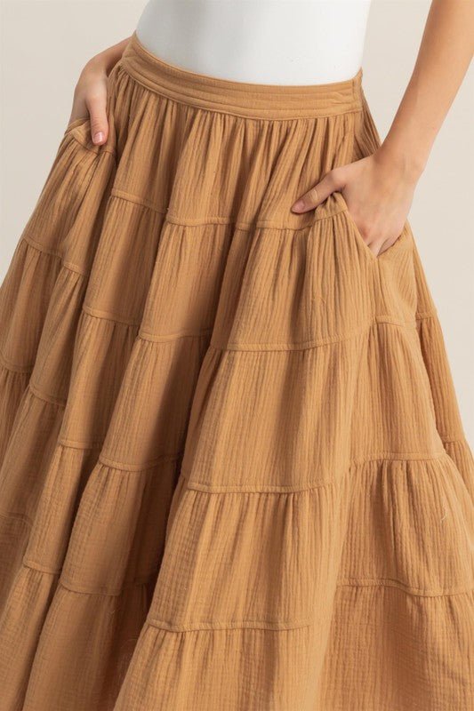 HYFVE Double Gauze Tiered Midi Skirt with Pockets - GlossDrop