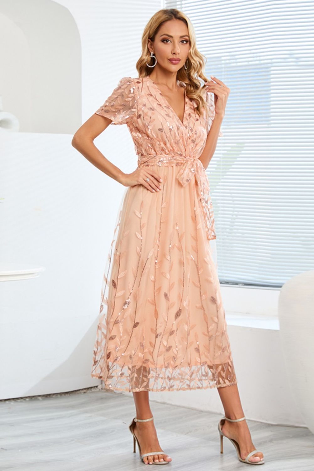 Sequin Leaf Embroidery Tie Front Short Sleeve Dress - GlossDrop