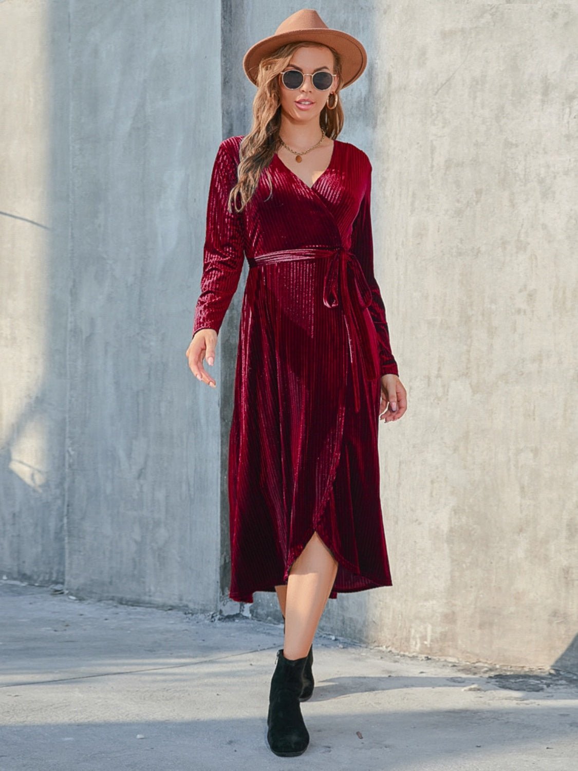 Tie Front Long Sleeve Slit Dress - GlossDrop